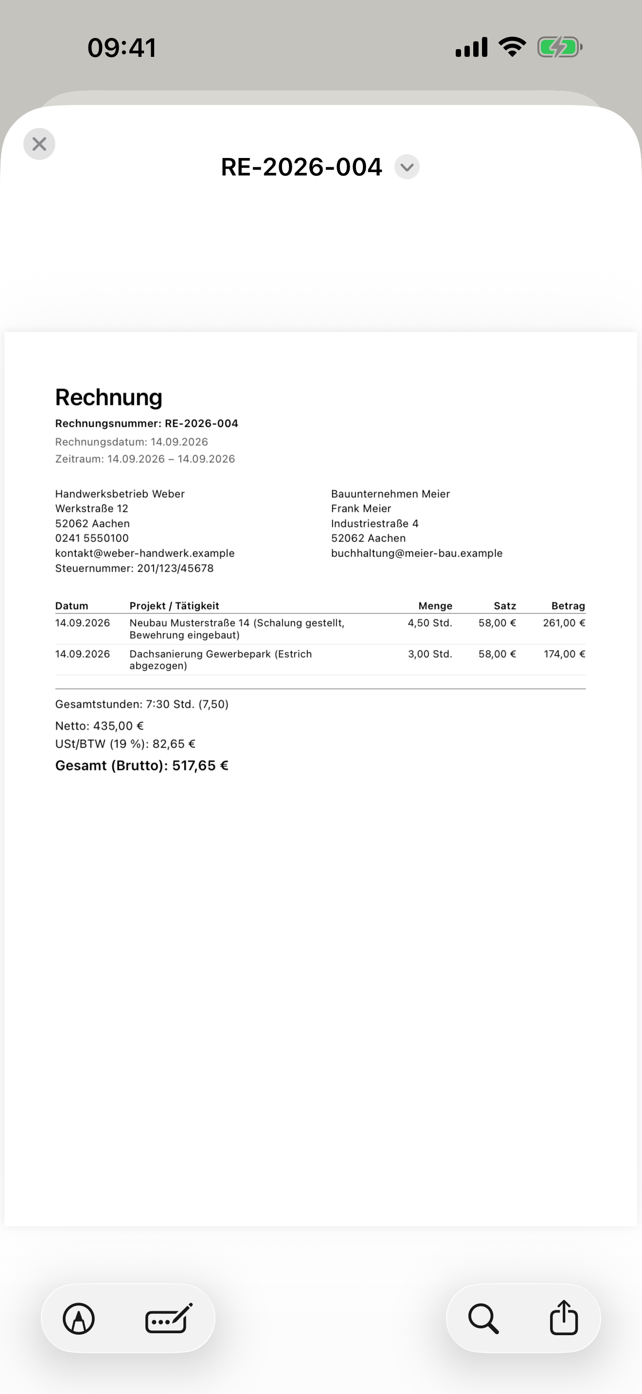 Mit Ruvendi erzeugte PDF-Rechnung: Rechnungsnummer, Absender und Empfänger, Positionen mit Stunden und Satz, Netto, USt und Bruttobetrag.